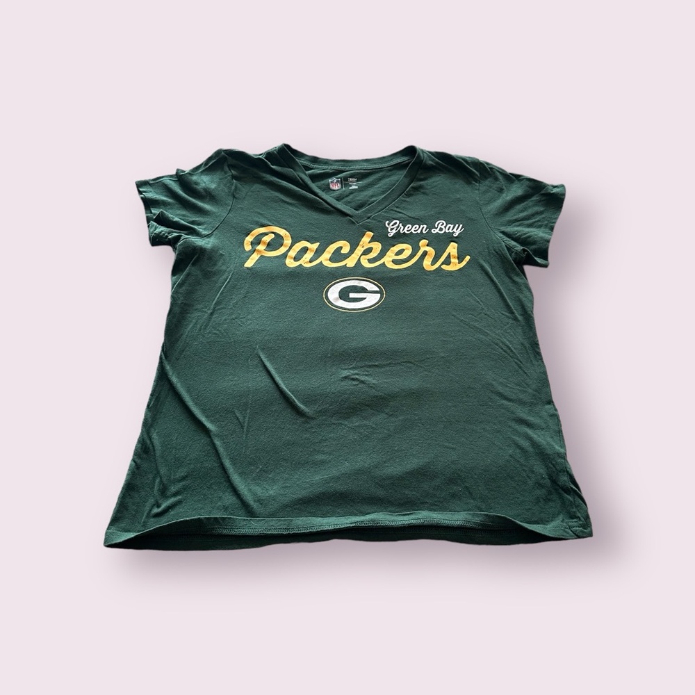 Women’s NFL Team Apparel Green Bay Packers Football Green V Neck Tee Shirt Sz XL
